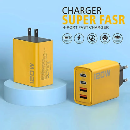 4 Ports USB Charger Total 120W PD Type C Fast Charging Phone Charger Adapter For iPhone Samsung Xiaomi Quick Charge Wall Charger