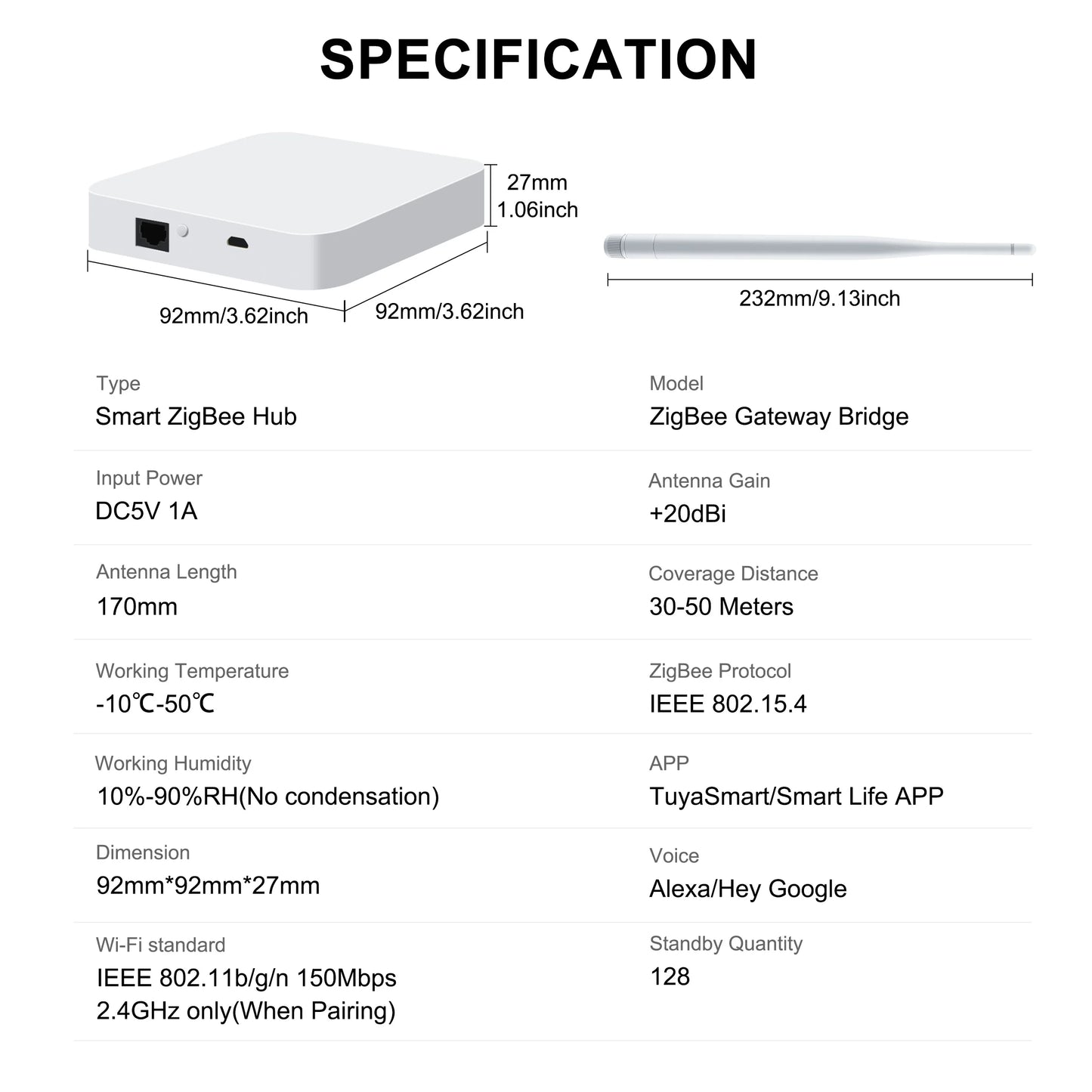 GIRIER Tuya ZigBee Gateway Hub with Antenna Smart Gateway Bridge Wired Mesh Hub for Home Automation Works with Alexa Hey Google