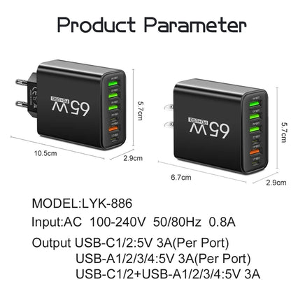 Total 65W USB C Charger Muti 6 Ports Fast Charging QC3.0 Type C Mobile Phone Wall Adapter for iPhone 15 Pro Max Xiaomi Samsung