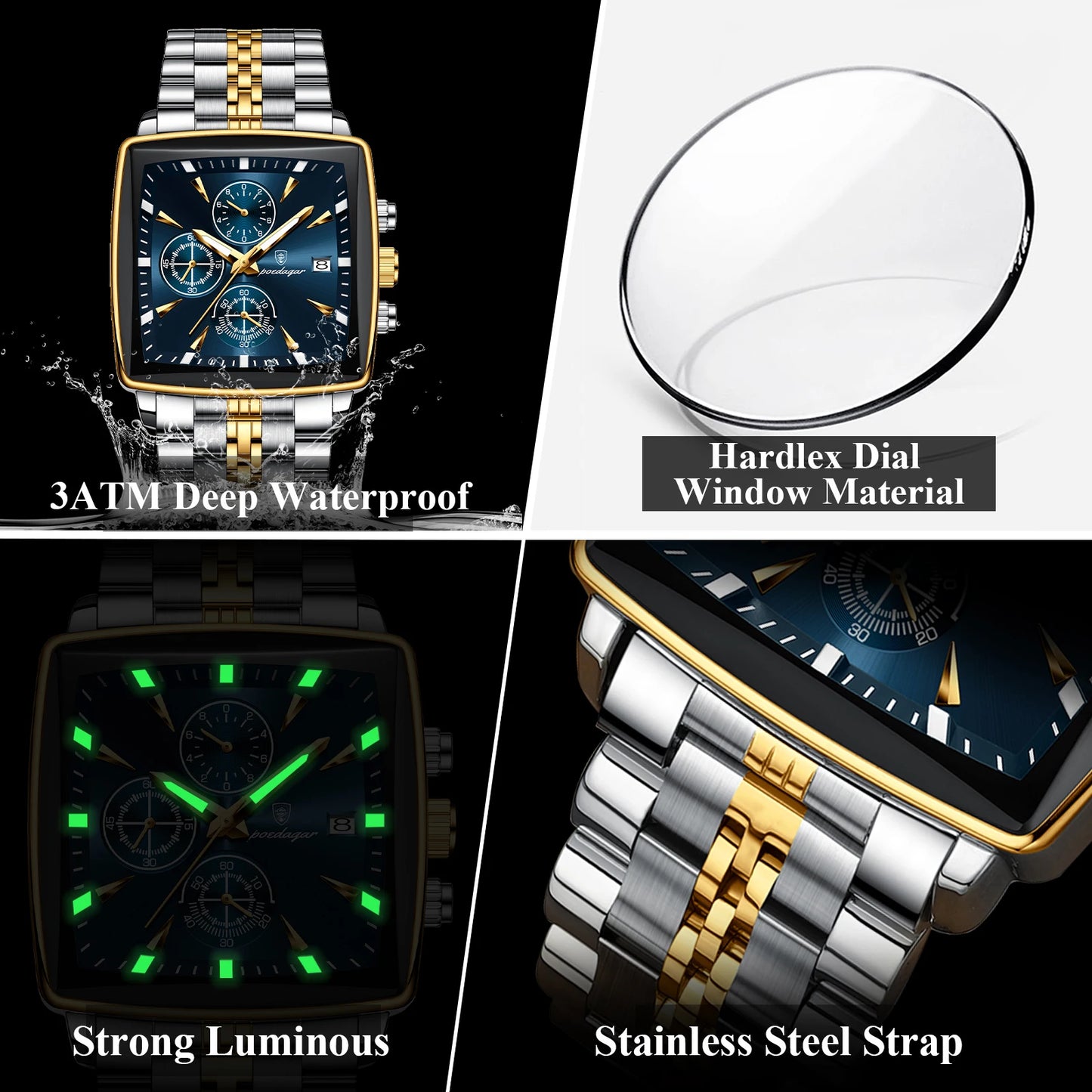 POEDAGAR Fashion Men Watch Luminous Waterproof Chronograph Date Man Wristwatch Square Stainless Steel Quartz Men's Watches Reloj