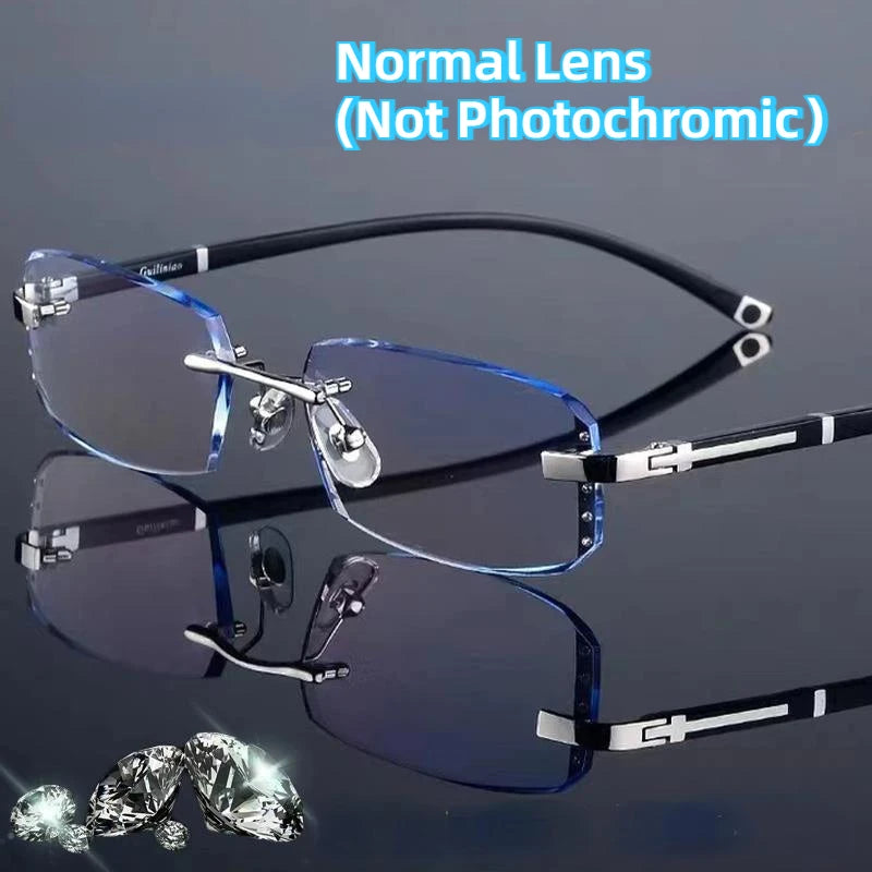 Luxury Diamond Cutting Photochromic Reading Glasses Men Business Rimless Eyeglasses Women Color Changing Presbyopia Eyewear