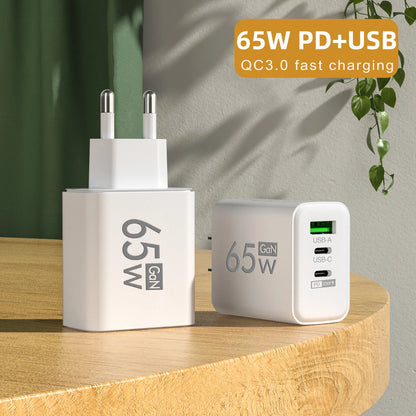 PD 65W USB C Charger GaN Charger Quick Charge 3.0 Type C Phone Adapter For iPhone 15 14 Samsung Xiaomi 3 Ports Fast Wall Charger