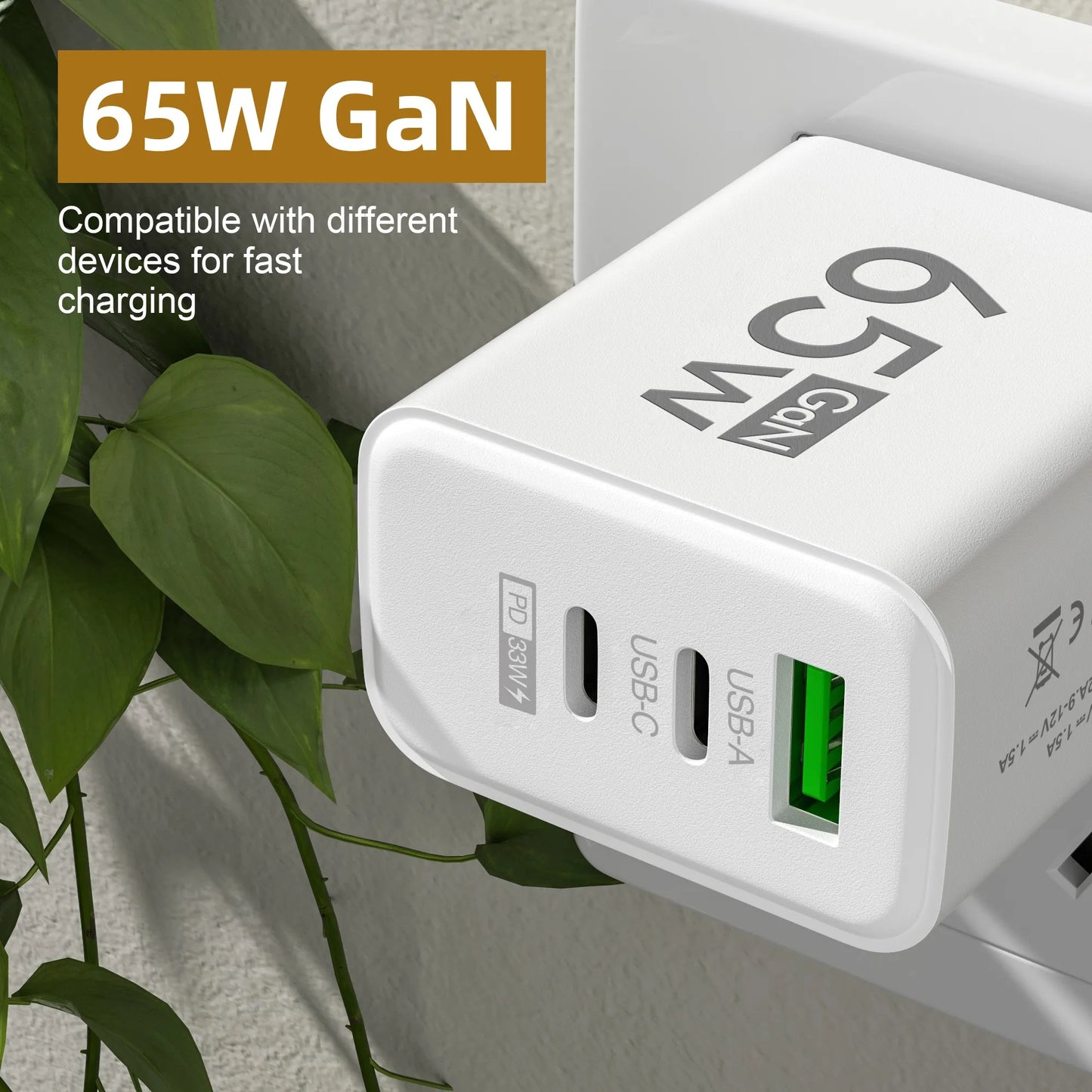 PD 65W USB C Charger GaN Charger Quick Charge 3.0 Type C Phone Adapter For iPhone 15 14 Samsung Xiaomi 3 Ports Fast Wall Charger