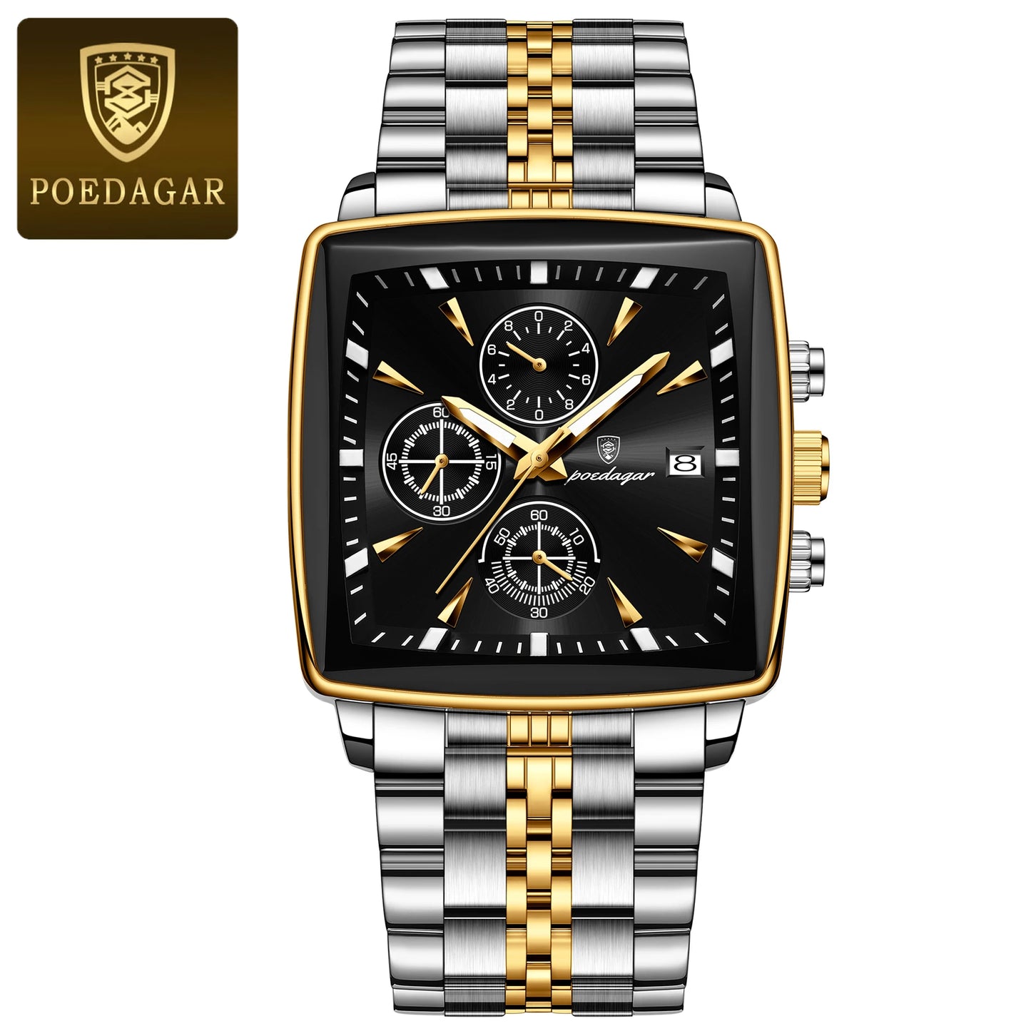 POEDAGAR Fashion Men Watch Luminous Waterproof Chronograph Date Man Wristwatch Square Stainless Steel Quartz Men's Watches Reloj