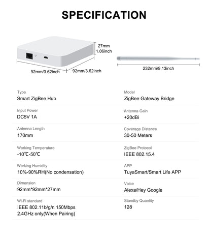 GIRIER Tuya ZigBee Gateway Hub with Antenna Smart Gateway Bridge Wired Mesh Hub for Home Automation Works with Alexa Hey Google