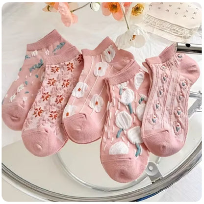 5 Pairs of Kawaii Cute Flower 3D Textured Ankle Socks - Vintage Style Thin Low Cut Hosiery for Women