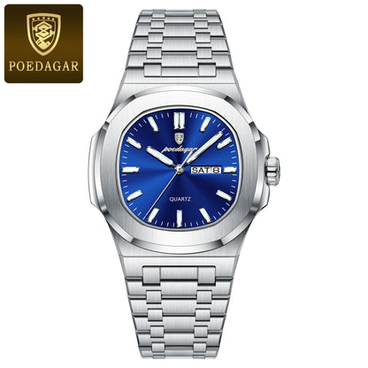 POEDAGAR Luxury Military Man Watch Square Waterproof Luminous Date Week Men Watch Stainless Steel Quartz Men's Watches Reloj+box