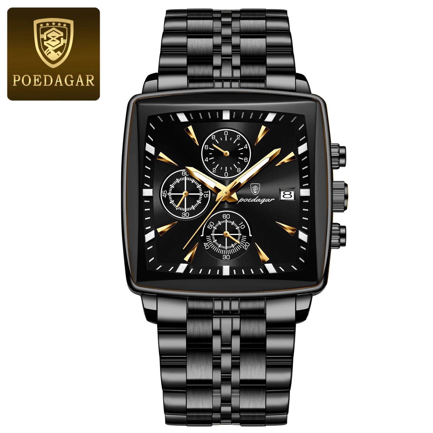 POEDAGAR Fashion Men Watch Luminous Waterproof Chronograph Date Man Wristwatch Square Stainless Steel Quartz Men's Watches Reloj