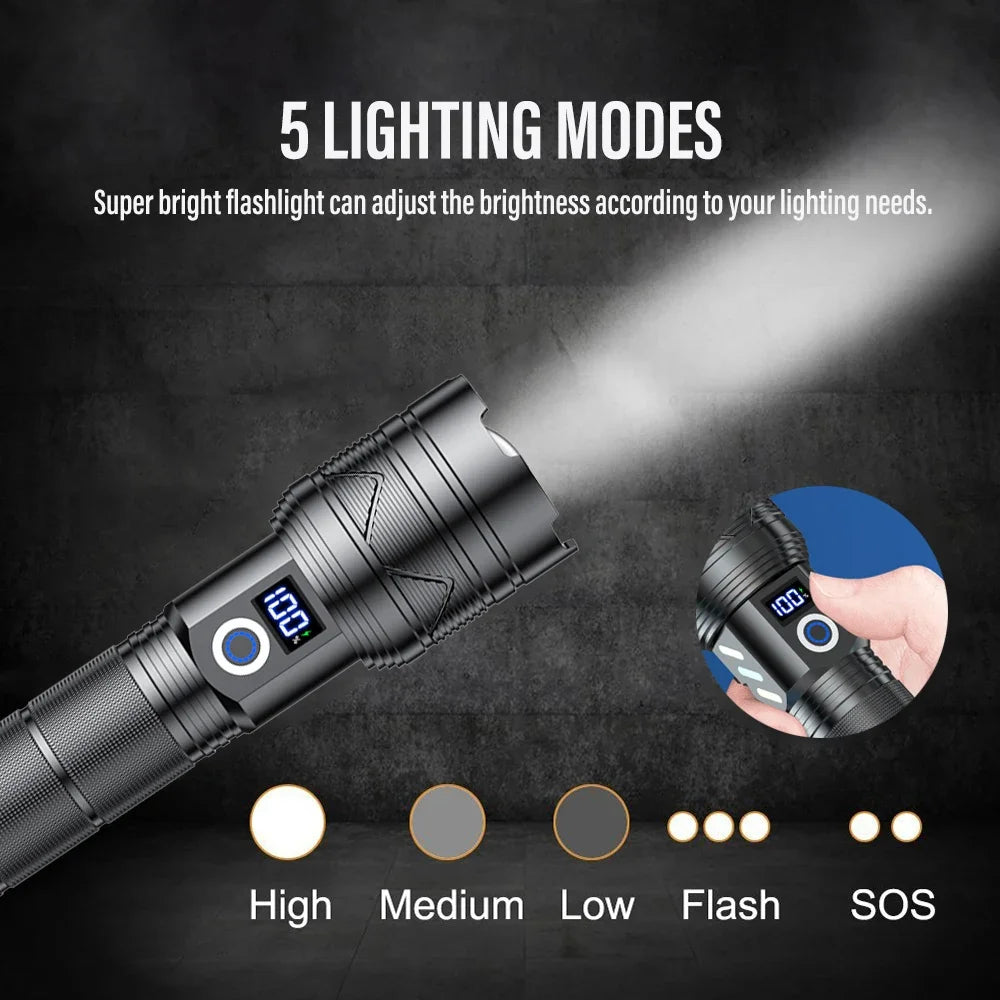 Super Long Range Tactical Flashlight High Power LED Torch USB Rechargeable Strong Light Lamp Outdoor Portable Lantern Waterproof