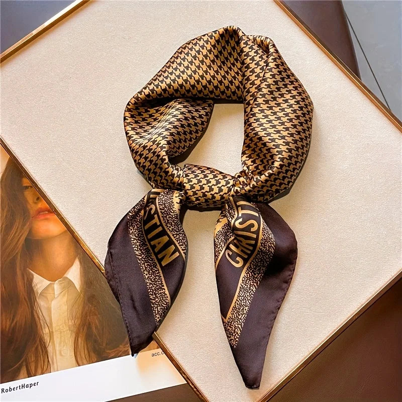 1pcs 70cm Houndstooth Printed Square Scarf for Women Imitation Silk CHRISTIAN Letters Fashionable and Versatile Headscarf Scarf