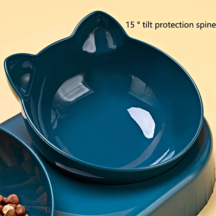 Pet Bowls With Water Feeder, 3 In 1 Ear Design Tilted Cat Water And Food Bowl Set With Gravity Water Bottle For Neck Protection