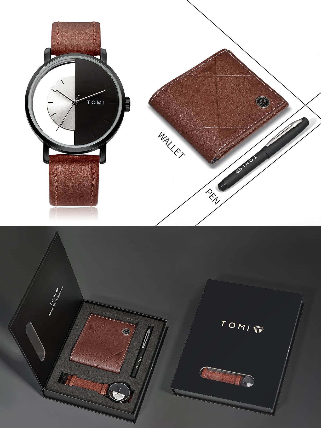 TOMI 3PCS Luxury Business Gift Box Set Men Watch Wallet Simple Leisure Creative Hollow Dial Men Quartz Watch Watch Clock Gifts