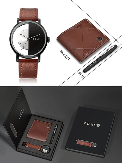 TOMI 3PCS Luxury Business Gift Box Set Men Watch Wallet Simple Leisure Creative Hollow Dial Men Quartz Watch Watch Clock Gifts