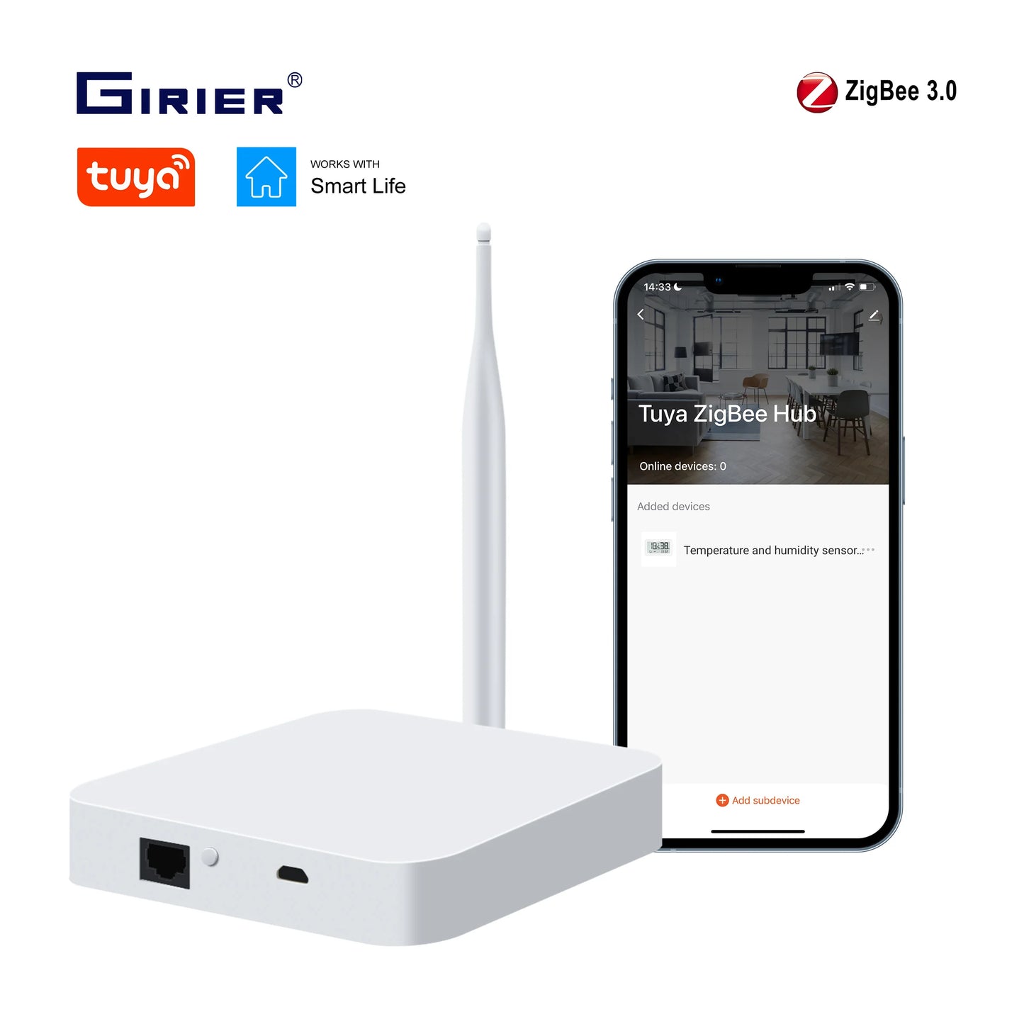 GIRIER Tuya ZigBee Gateway Hub with Antenna Smart Gateway Bridge Wired Mesh Hub for Home Automation Works with Alexa Hey Google