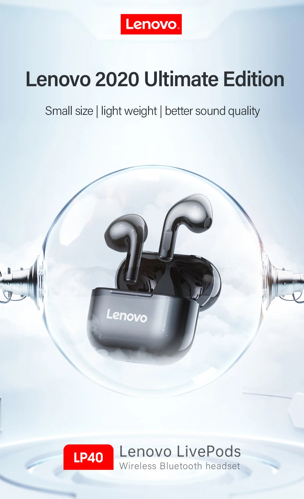 Original Lenovo lp40 Bluetooth Earphone 5.0 Immersive Sound HIFI TWS With Microphone Touch Control For Long Standby Time Motion