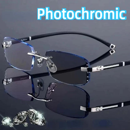 Luxury Diamond Cutting Photochromic Reading Glasses Men Business Rimless Eyeglasses Women Color Changing Presbyopia Eyewear