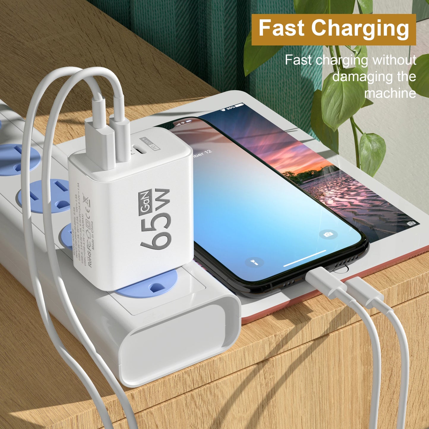 PD 65W USB C Charger GaN Charger Quick Charge 3.0 Type C Phone Adapter For iPhone 15 14 Samsung Xiaomi 3 Ports Fast Wall Charger