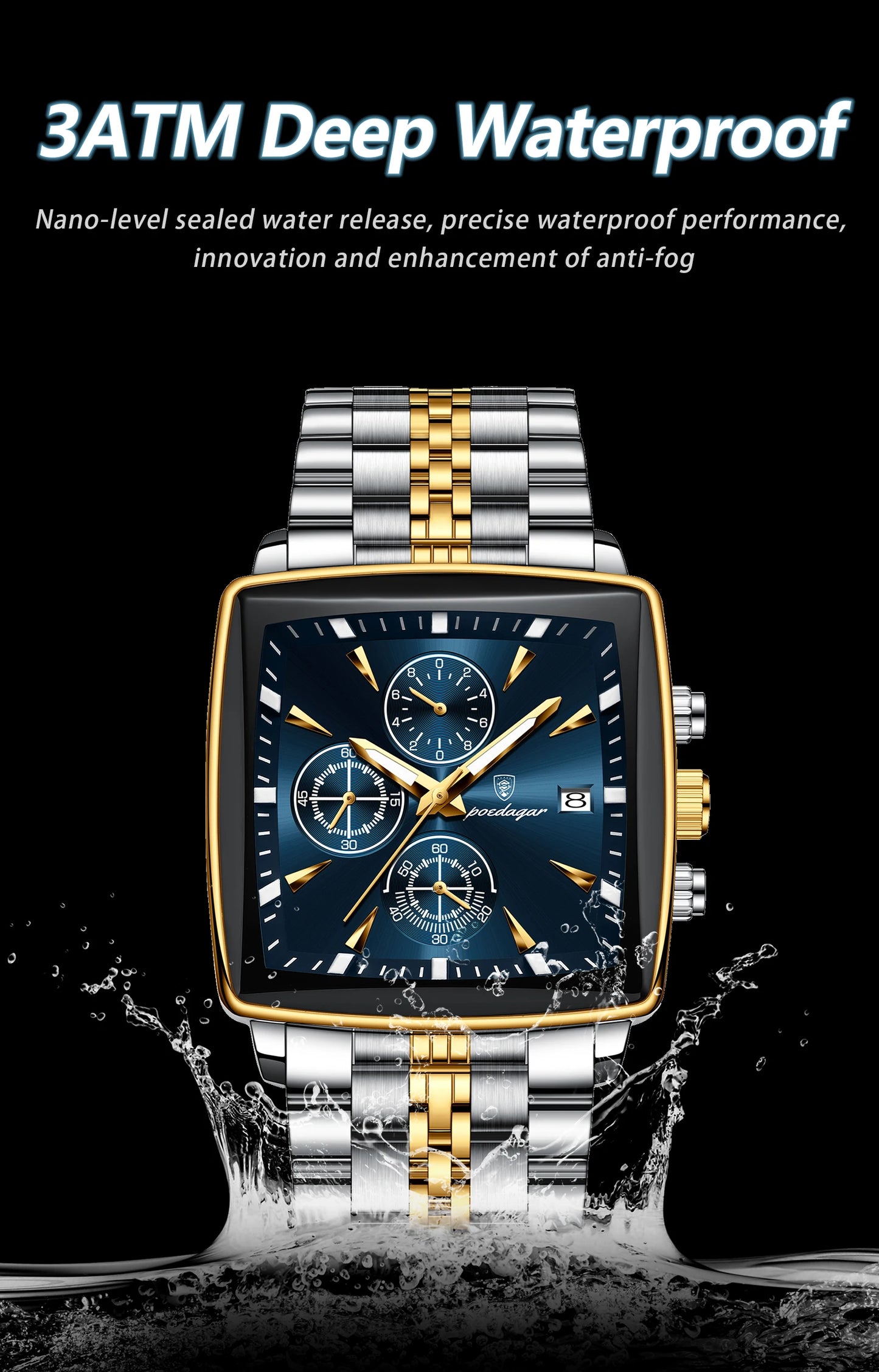 POEDAGAR Fashion Men Watch Luminous Waterproof Chronograph Date Man Wristwatch Square Stainless Steel Quartz Men's Watches Reloj