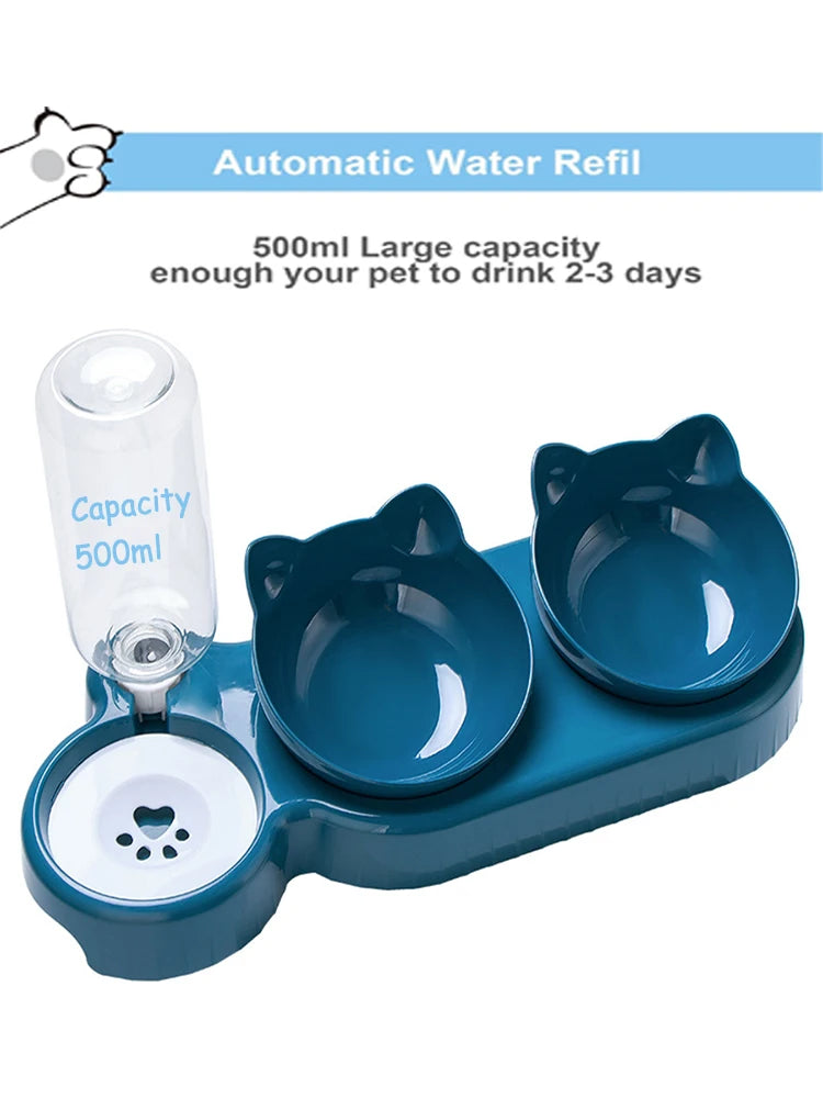 Triple Cat Bowls Pet Feeder, 2-in-1 Double Bowls with Automatic Drinking Bottle, Tilted and Rotatable Design for Cats and Dogs