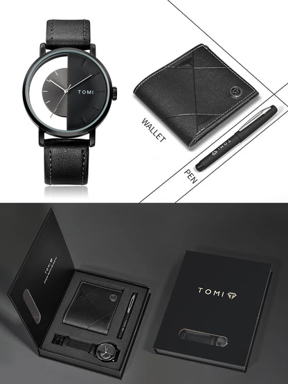 TOMI 3PCS Luxury Business Gift Box Set Men Watch Wallet Simple Leisure Creative Hollow Dial Men Quartz Watch Watch Clock Gifts